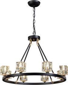 Black Wagon Wheel Chandelier, 8-Light Farmhouse Crystal Chandeleirs With Adjustable Height,Ceiling Hanging Light Fixture Pendant Lights For Living Roo