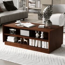 U-Can Modern Rectangle Coffee Table with 4 Drawers and 2 Display Shelves, 47.2" Wood Coffee Table with Fluted Style, Tempered Glass for Living Room