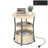 Round Side Table with Charging Station, 3-Tier End Table with Fabric Storage Bag and Shelf, Natural Wood