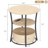 Round Side Table with Charging Station, 3-Tier End Table with Fabric Storage Bag and Shelf, Natural Wood