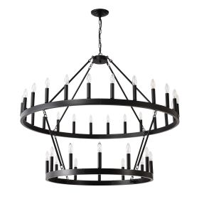 2 Tiers Wagon Wheel Chandelier Wooden Farmhouse 36-Light Black Metal Chandeliers 2-Story Light Fixtures Industrial For High Ceiling Living Dining Room