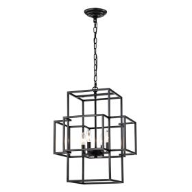 4-Light Metal Lantern Tiered Pendant Hanging Light Fixtures, Industrial Farmhouse Adjustable Height Chandeliers For Dining Room Hallway Foyer Entryway (Option: Matte Black)