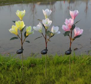 LED Magnolia Flower Stake Light Solar Energy Rechargeable for Outdoor Garden (Color: Yellow)
