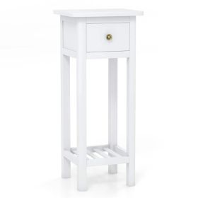 2 Tier Slim Nightstand Bedside Table with Drawer Shelf (Main Material: Solid Wood+MDF, Main Color: White)