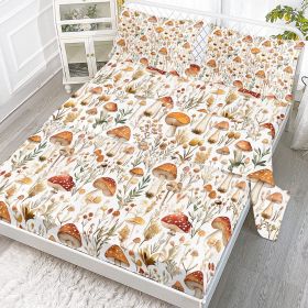 4 Pcs Of Forest Mushroom Natural Style Printed Series Beds, 1 Bedsheet, 1 Bed Sheet, And 2 Pillowcases Bedding, Suitable For All Seasons (Color: White, size: Full)