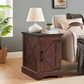 Farmhouse End table Nightstand Rectangular Farmhouse End Table with Barn Door and Adjustable Storage Shelf, Rustic Sofa Side Table for Living Room (Color: Oak, Material: MDF)