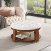 Modern Large Round Ottoman Coffee Table 2-Tier Oversized Button Tufted Ottoman with Wood Shelf Storage Upholstered Coffee Table for Living Room Footre